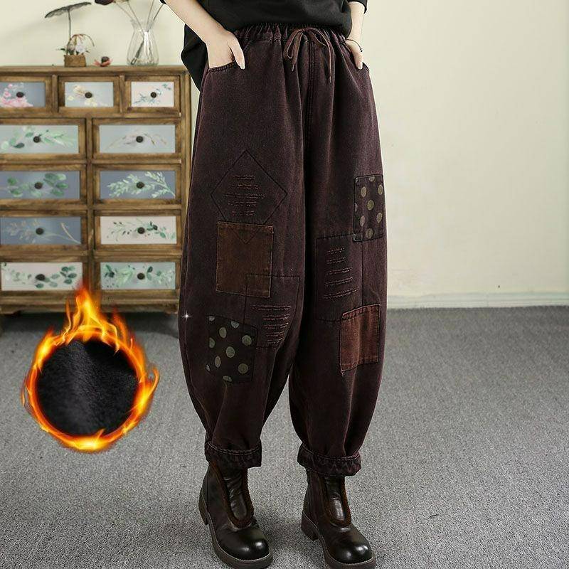 Qianqiu Feiyan Retro Gebratene Farbe Patch Plus Samt Jeans Damen Winter Einfarbig Elastische Taille Schnürung Haremshose XXL dunkelrote von Joom DACH