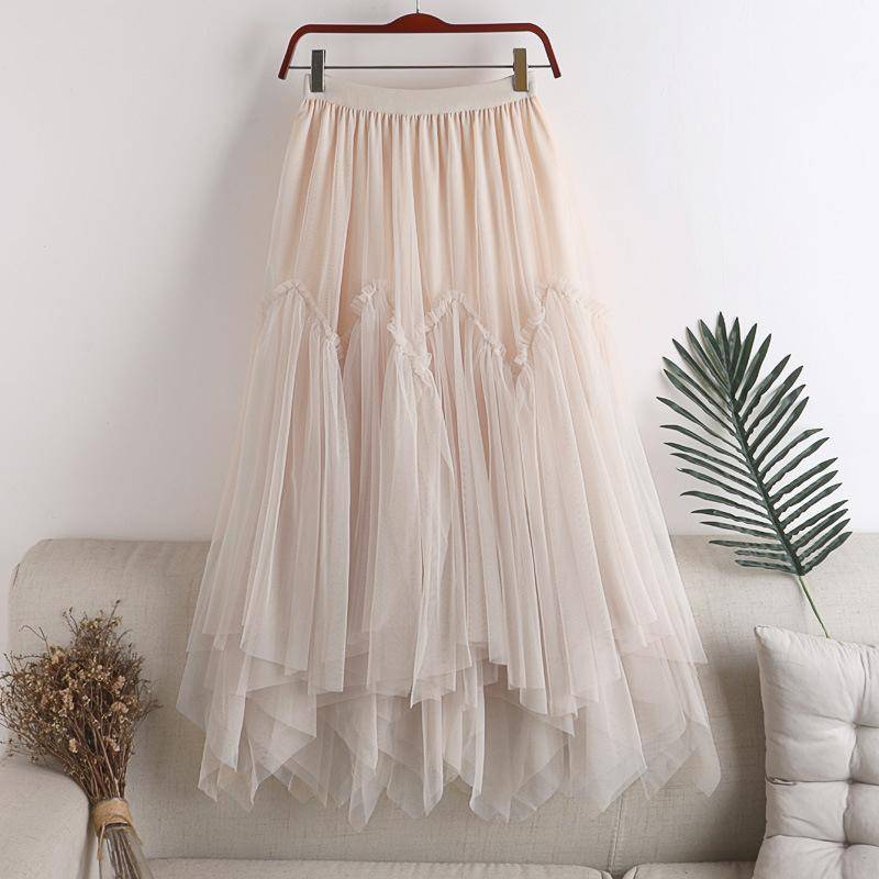Qooth 2024 Frauen Lange Tüll Röcke Damen Hohe Taille Knöchel-Länge Tutu Maxi Röcke Weibliche unregelmäßigen Kleid QT2352 beige von Joom DACH