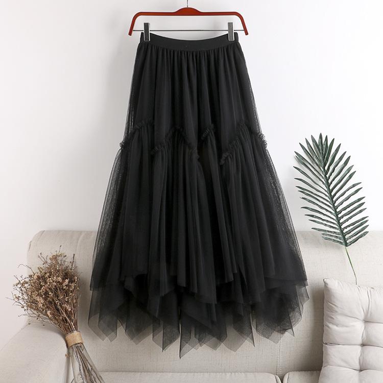 Qooth 2024 Frauen Lange Tüll Röcke Damen Hohe Taille Knöchel-Länge Tutu Maxi Röcke Weibliche unregelmäßigen Kleid QT2352 schwarz von Joom DACH