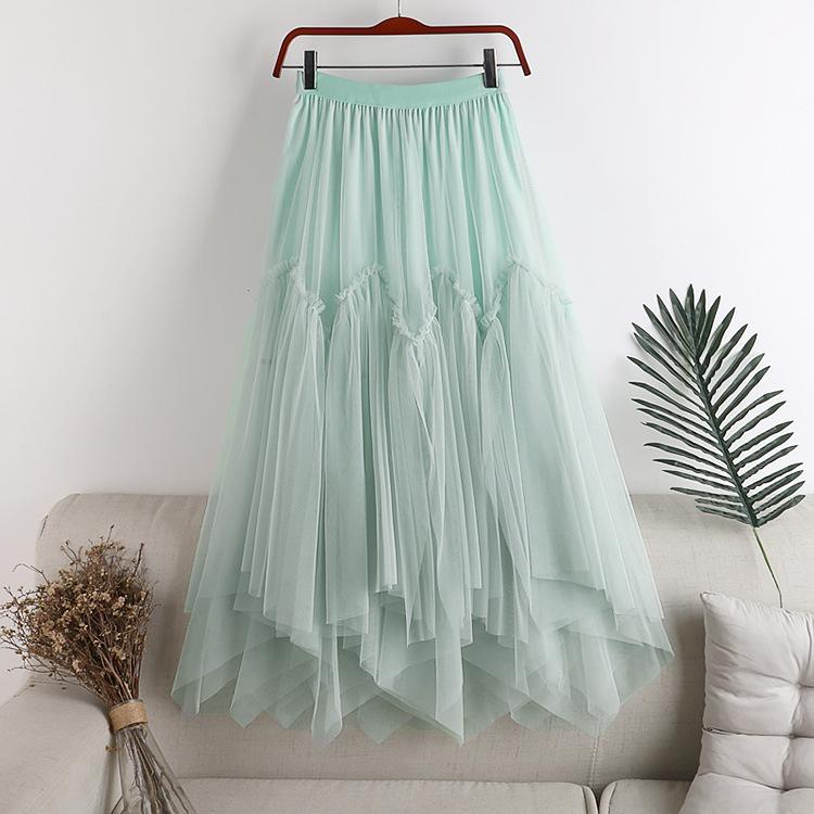Qooth 2024 Frauen Lange Tüll Röcke Damen Hohe Taille Knöchel-Länge Tutu Maxi Röcke Weibliche unregelmäßigen Kleid QT2352 grün von Joom DACH