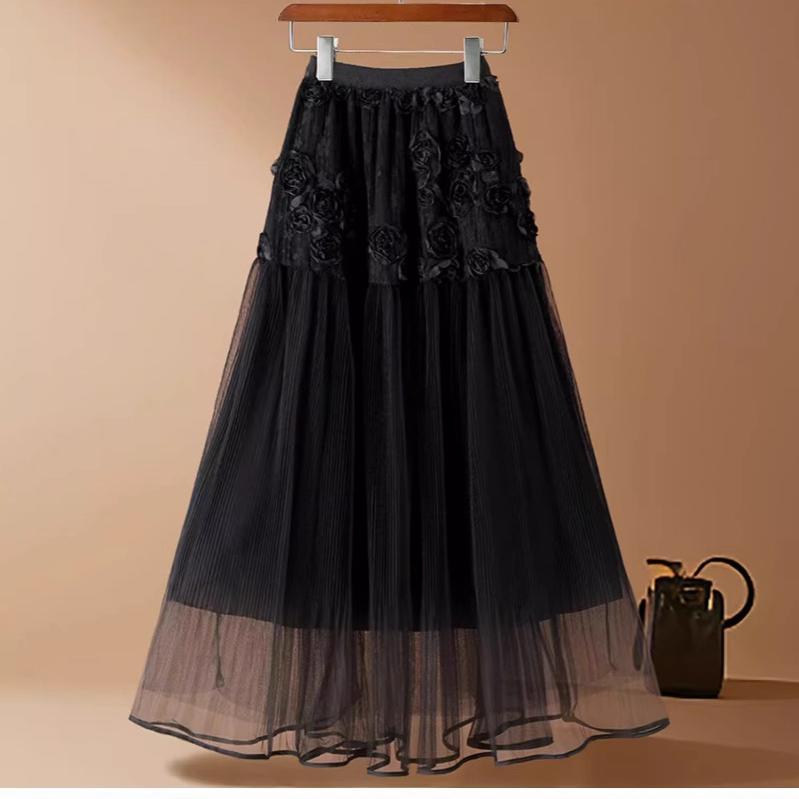 Qooth 3D Floral Tüllrock Damen Midilänge Ballettrock Elegant A-Linie Maxirock Schlicht Lässig QT2596 One Size schwarz von Joom DACH