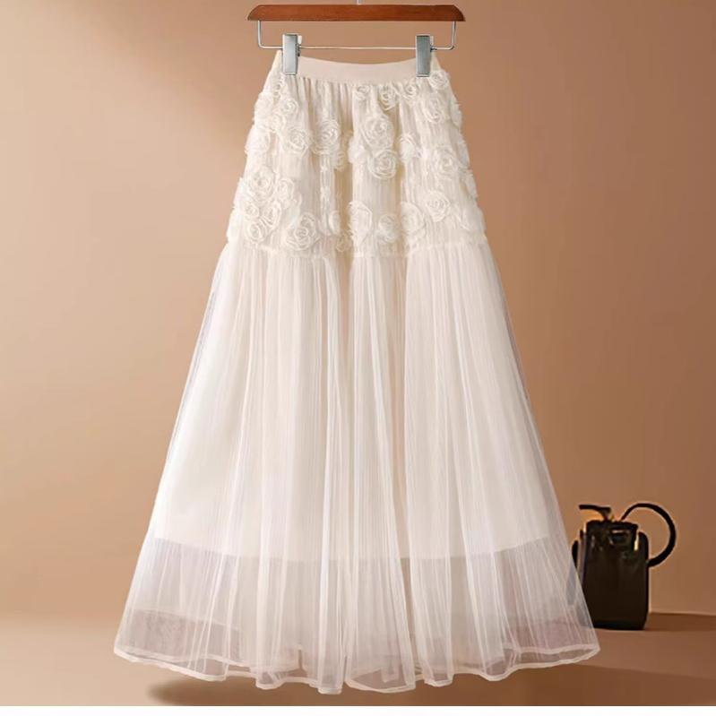 Qooth 3D Floral Tüllrock Damen Midilänge Ballettrock Elegant A-Linie Maxirock Schlicht Lässig QT2596 One Size weiß von Joom DACH