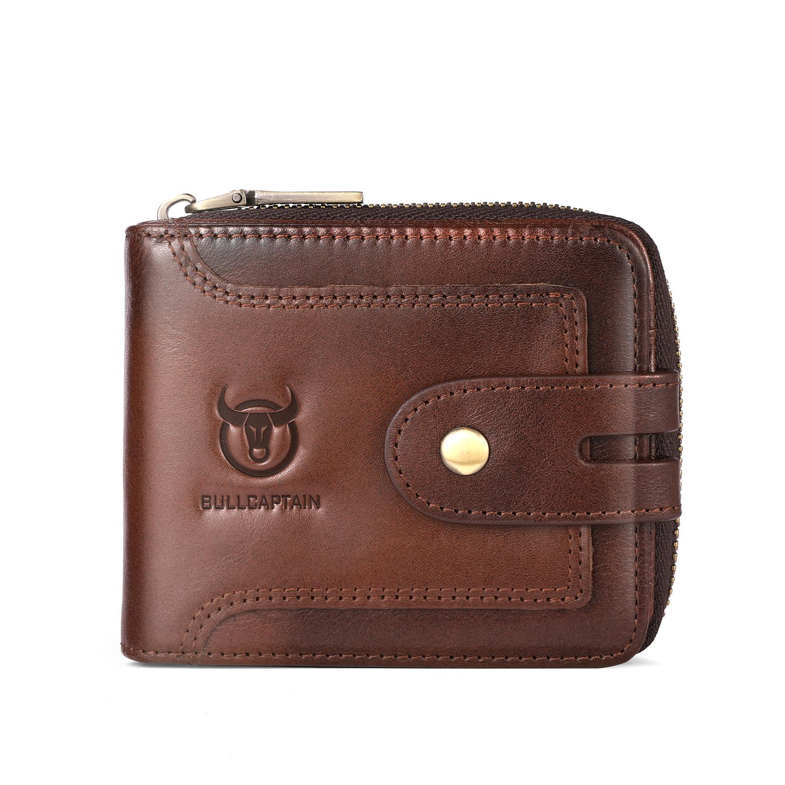 RFID-blockierende Geldbörse für Herren aus echtem Leder, kurzes Reißverschlussdesign, mehrere Kartenfächer und Geldklammer kaffeebraun von Joom DACH