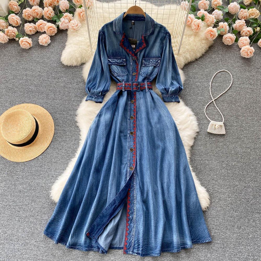 RUGOD Frühling und Herbst Neues Retro-Jeanskleid Damen Langarm-Design Taillenhemdkleid Knopfkleid mit hoher Taille M blau von Joom DACH