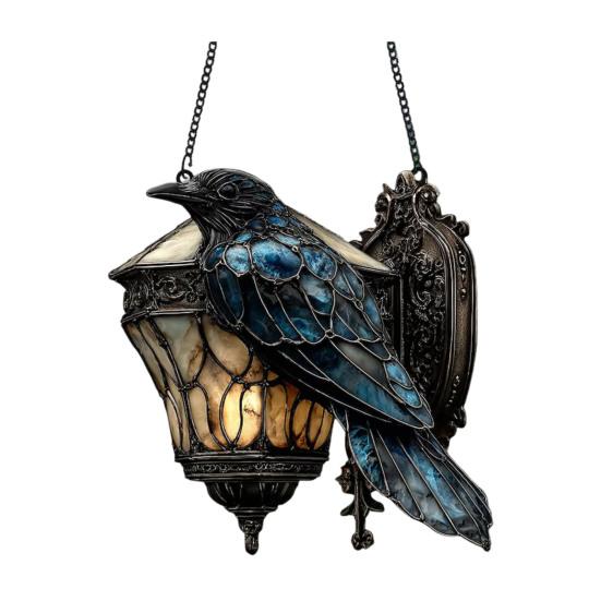 Rabe auf Laterne Acryl Sonnenfänger Falsches Buntglasfenster Wandbehang Ornament Gothic Krähe auf Lampe Halloween Deko für Dark Academia Heimdeko 10cm B von Joom DACH