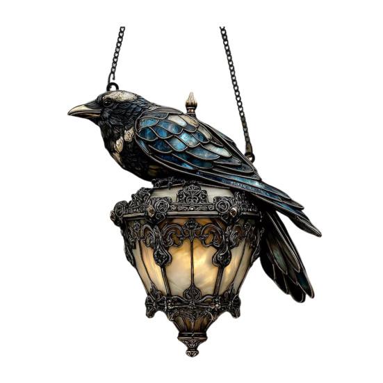 Rabe auf Laterne Acryl Sonnenfänger Falsches Buntglasfenster Wandbehang Ornament Gothic Krähe auf Lampe Halloween Deko für Dark Academia Heimdeko 15cm A von Joom DACH