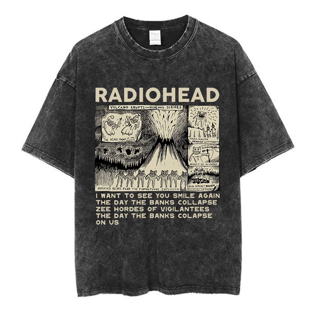 Radiohead Rockband Gewaschene Baumwolle T-Shirt Herren Damen Hip Hop Musik T-Shirt Mode Kurzarm T-Shirt Sommer Übergroße T-Shirts Tops S von Joom DACH