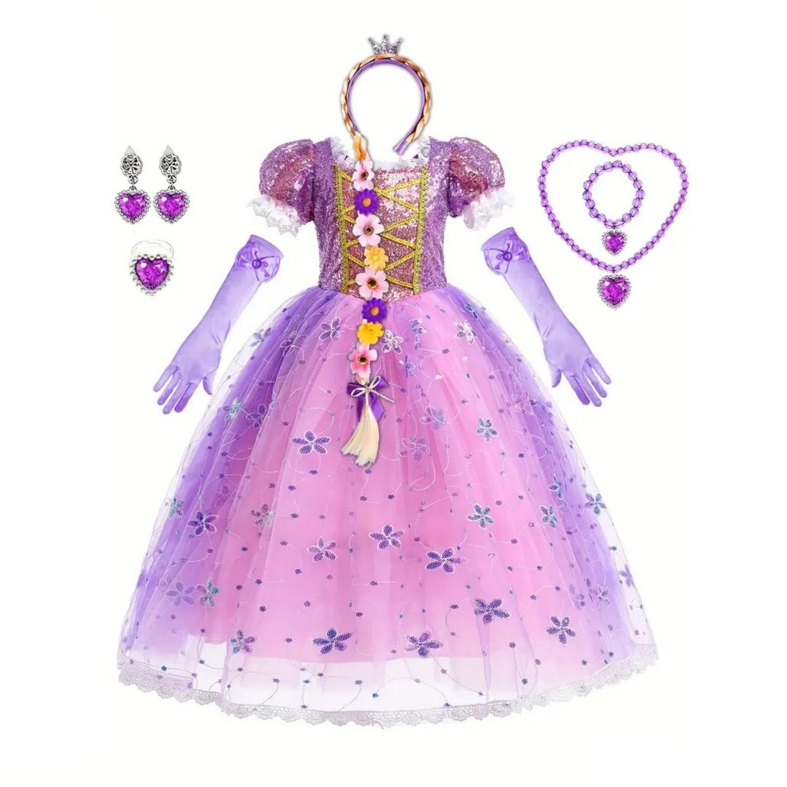 Rapunzel Kleid Prinzessin Kostüm für Baby Mädchen Cosplay Party Kleid Tangled Geburtstagsgeschenk Halloween Kinder Kostüm 2-10 Jahre 120(6-7T) violett von Joom DACH