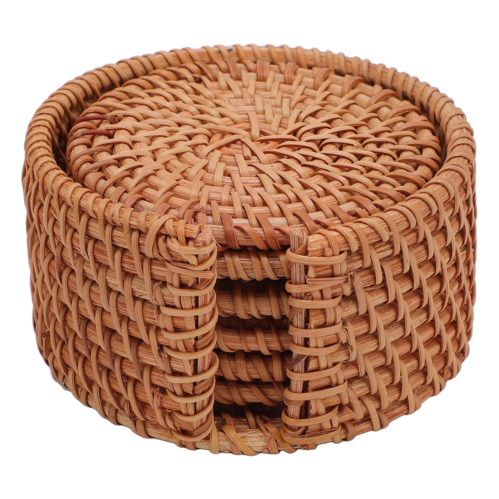 Rattan Untersetzer Set mit 6 Stück mit Halter Handgewebte Tassenuntersetzer Teller Schalen Topf Isoliert Hitzebeständige Untersetzer 8cm von Joom DACH