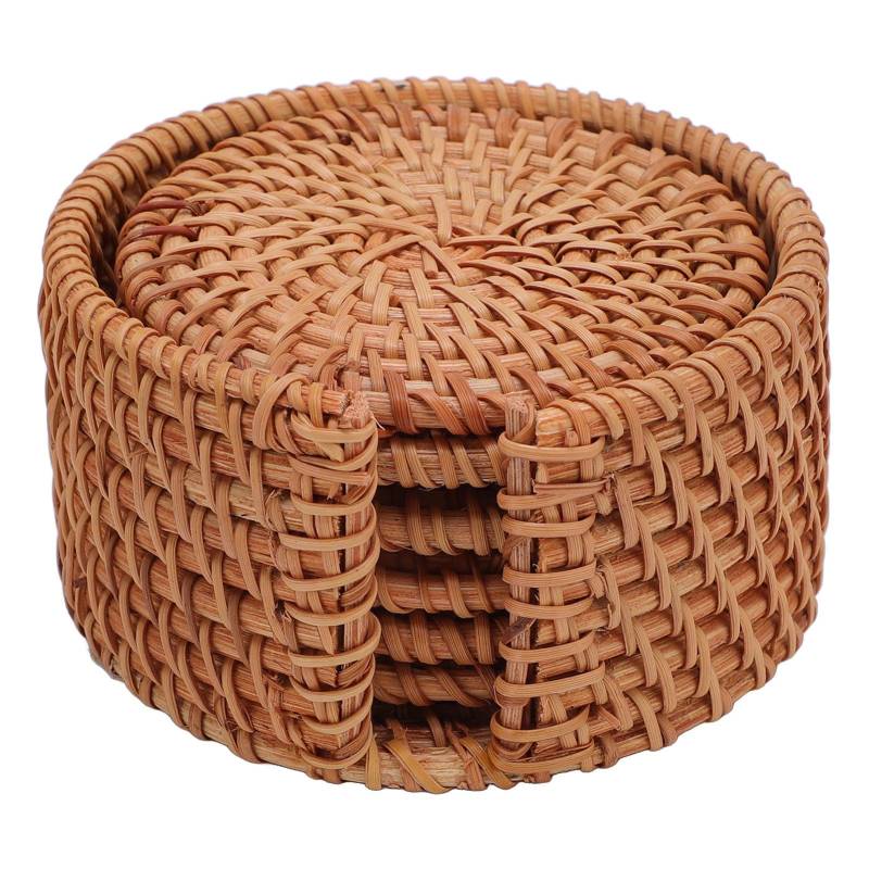 Rattan Untersetzer Set mit 6 Stück mit Halter Handgewebte Tassenuntersetzer Teller Schalen Topf Isoliert Hitzebeständige Untersetzer 8cm von Joom DACH