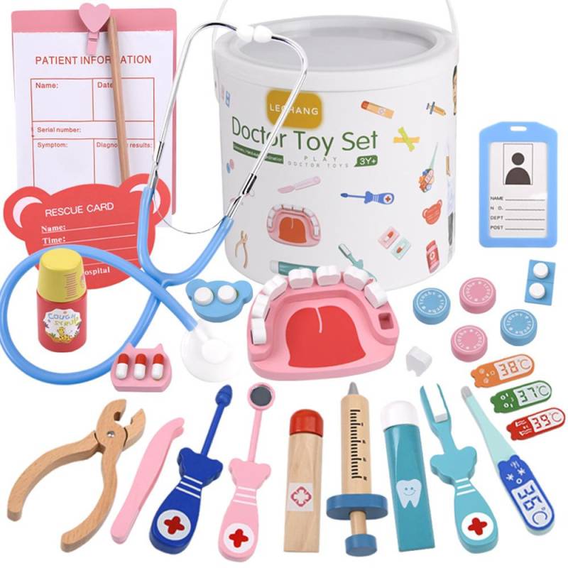 Realistisches Kinder-Arzt-Set, Rollenspiel-Holzspielzeug-Set mit Stethoskop, Thermometer, Hustensaft General Practitioner bunt von Joom DACH