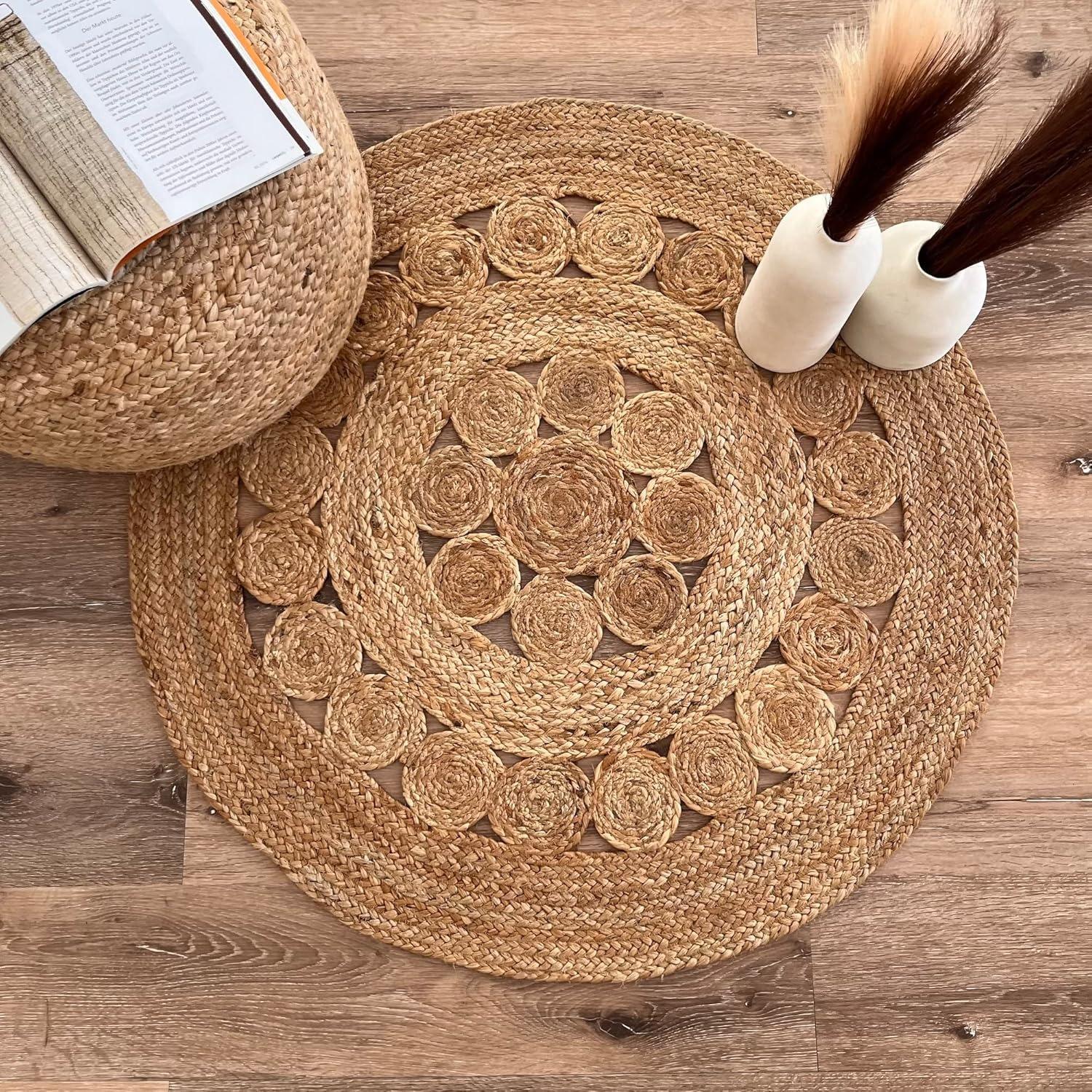 Rechteckiger Jute-Läufer Handgefertigt 100% Natürlich Geflochtene Bodenmatte Wendbar Naturjute Runder Teppich Handgefertigt 90cm x 90cm (3x3 feet) beige von Joom DACH
