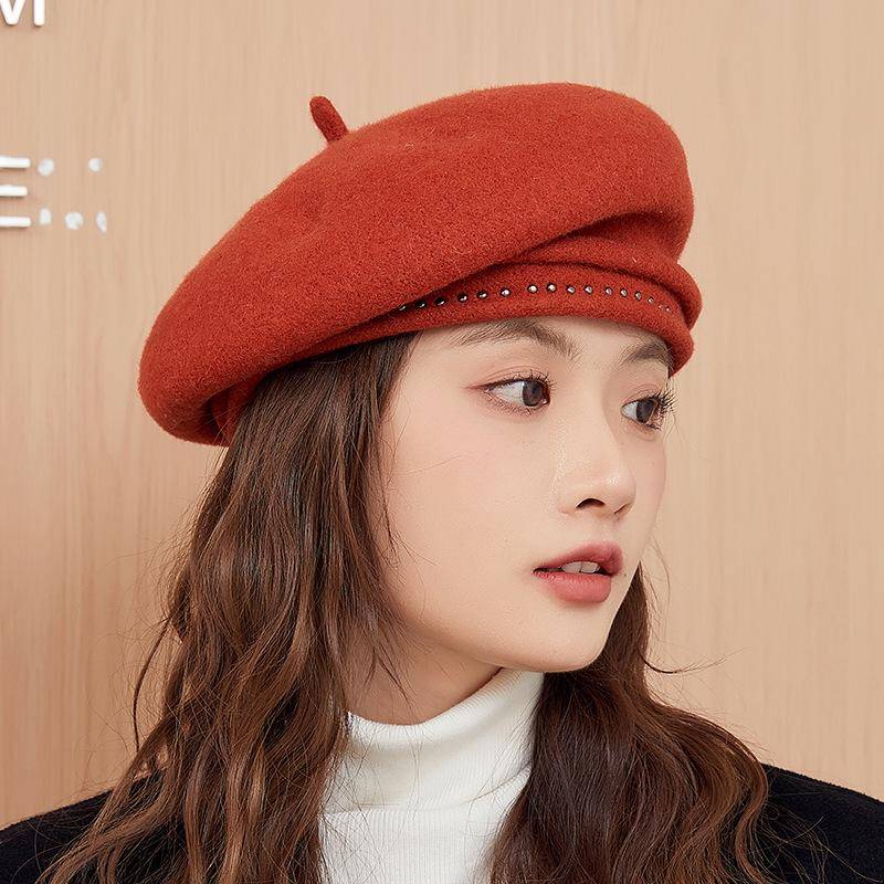 Red Hat High-End Woll-Baskenmütze Damen Herbst und Winter Vielseitige Gesichtsform Kleine Malermütze Schiebermütze adjustable [head circumference 55-58CM] von Joom DACH