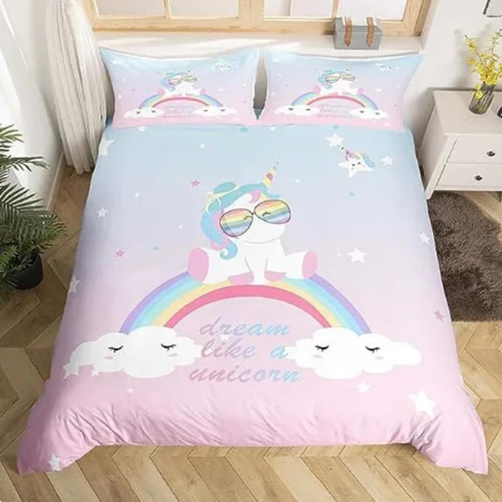 Regenbogen Bettbezug Cartoon Schlafzimmer 3-teiliges Set Kinder Niedlich Polyester Weich Atmungsaktiv Bettdecke Animation Bettwäsche 135x200cm von Joom DACH