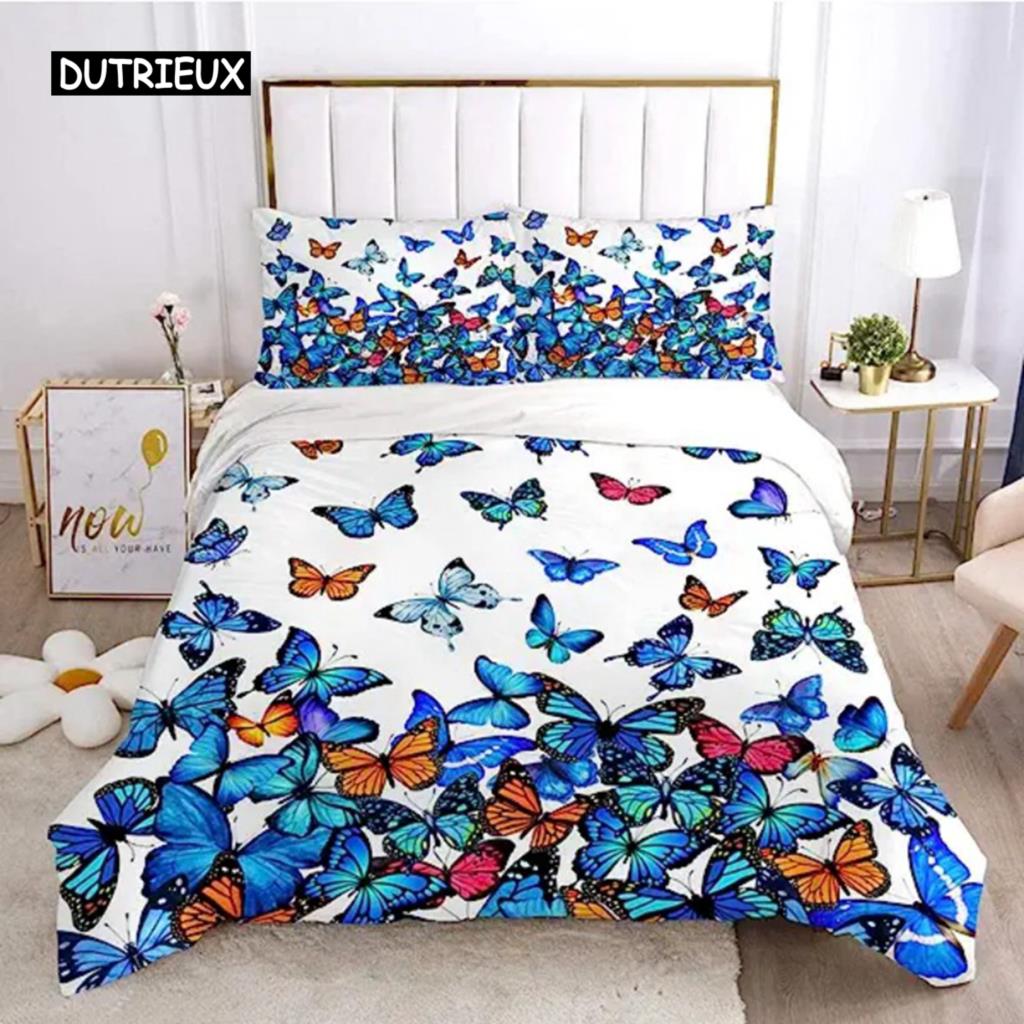 Regenbogen-Schmetterling-Bettbezug, rosa Blumen-Bettbezug für Kinder, Bettwäsche-Set für Kinder, Jungen, Mädchen, Teenager, Bettbezug für Dekorationen EU single(135x200cm) von Joom DACH