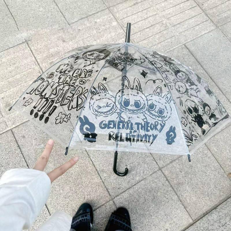 Regenschirm Labubu Labubu transparent vollautomatisch Herren- und Damenregenschirme Cartoon-Animation niedlich faltbar verdickt kleine frische Studenten Long-handled style von Joom DACH