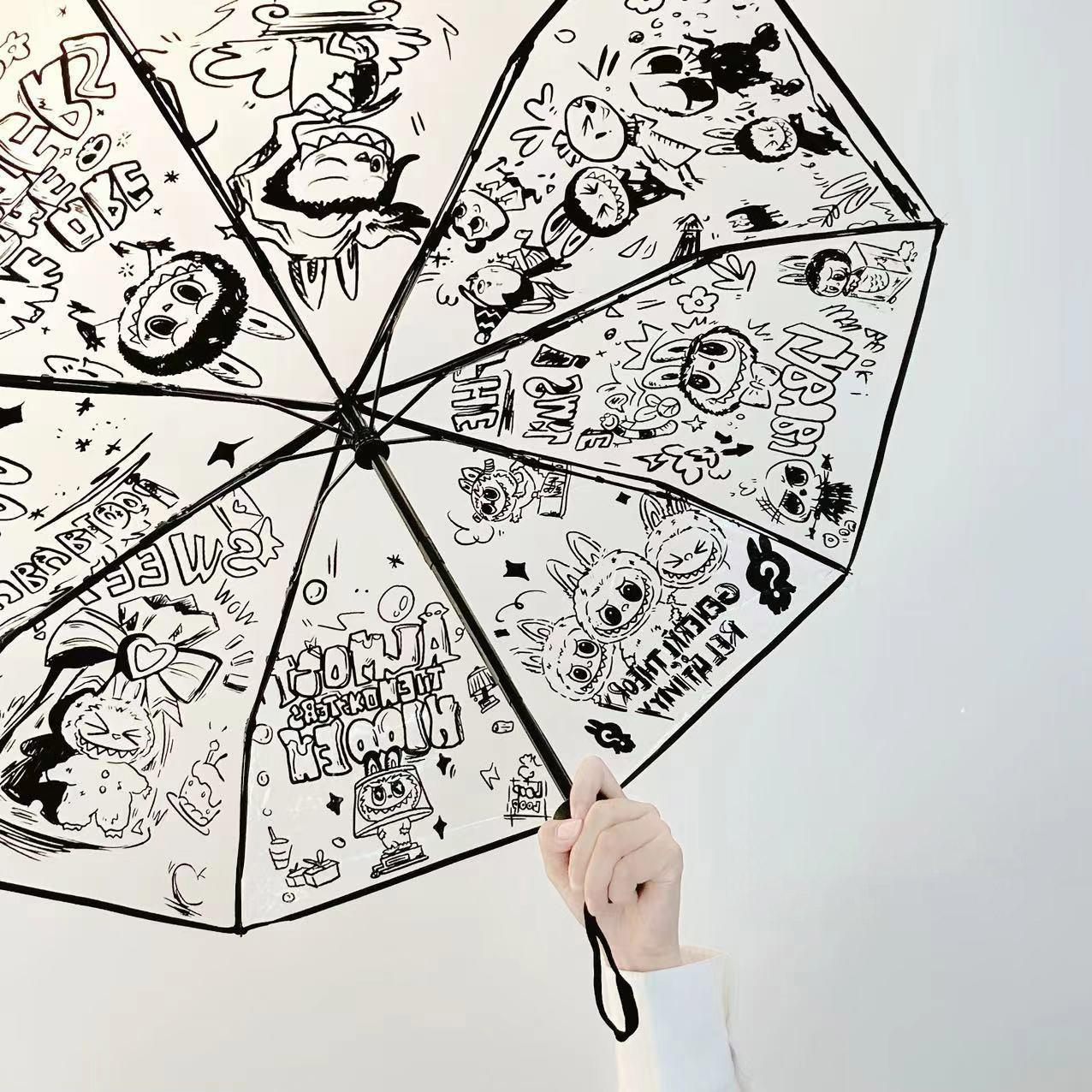 Regenschirm Labubu Labubu transparent vollautomatisch Herren- und Damenregenschirme Cartoon-Animation niedlich faltbar verdickt kleine frische Studenten Manual version von Joom DACH
