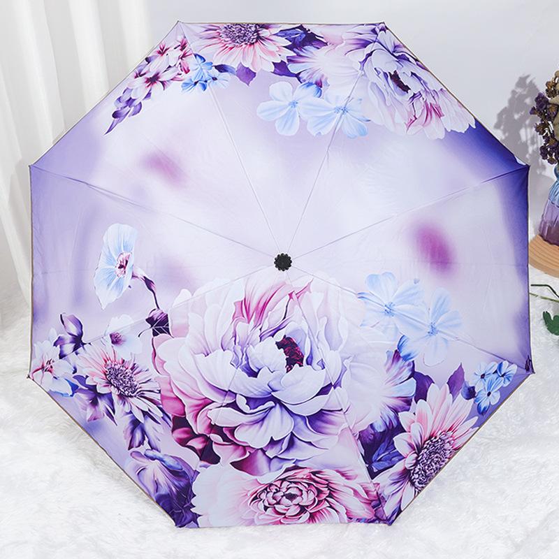 Regenschirm mit Vintage-Blumenmuster, sonnig und regnerisch, dreifach faltbar, Windständer, regenfest, Sonnenschutz, Sommerschirm von Joom DACH