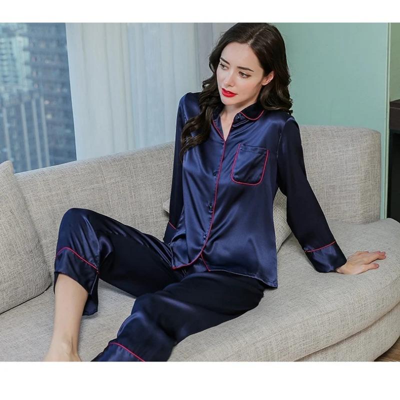 Reine Seide Damen Herbst Casual Pyjamas Mädchen Home Revers Cardigan Button Down Dünnes zweiteiliges Set 100% Seide Pyjamas Homewear XL blau von Joom DACH