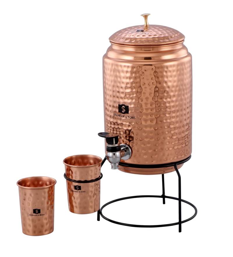 Reiner Kupfer Wasserspender Matka Gefäße Topf 5000 ml mit Ständer und 2 Gläser (Braun) von Joom DACH