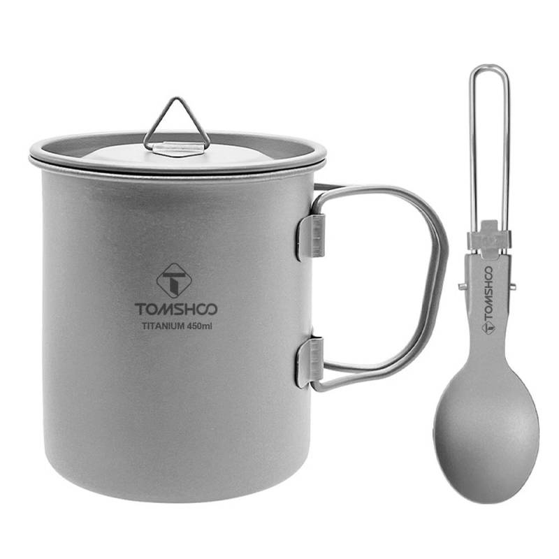 Reisebecher mit Löffel Pure Ti Klappgriff Campingbecher Leichter Metallbecher für Outdoor-Becher 400ml mug + folding spoon von Joom DACH