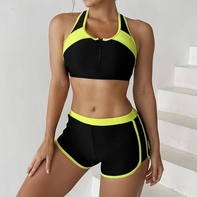 Reißverschluss-Bikini-Set, zweiteiliger Badeanzug für Damen mit Shorts, Sport-Bademode, weiblicher Badeanzug L gelb von Joom DACH