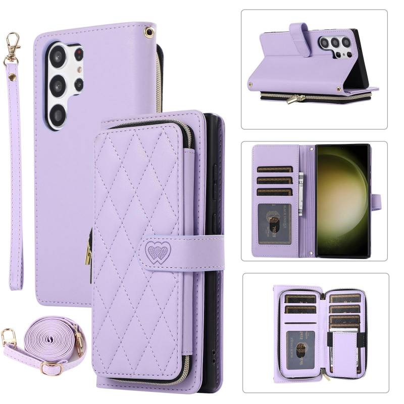 Reißverschluss-Geldbörse, 9 Karten, Tasche, Flip-Ledertasche für Samsung S23 S22 S21 S20 Ultra Plus S21FE A14 A54 A13 A53 A12 / iPhone 15 14 13 12 Pro Max XS Max 7P 8P Samsung A52 4G/5G/A52S violett von Joom DACH