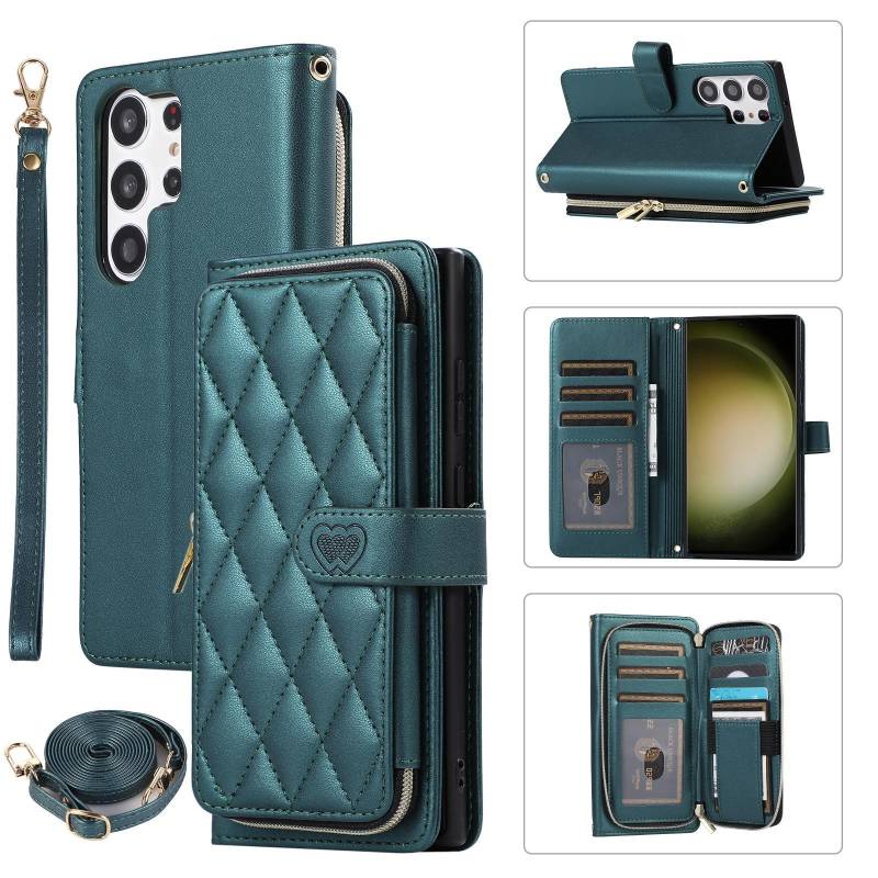 Reißverschluss-Geldbörse, 9 Karten, Tasche, Flip-Ledertasche für Samsung S23 S22 S21 S20 Ultra Plus S21FE A14 A54 A13 A53 A12 / iPhone 15 14 13 12 Pro Max XS Max 7P 8P Samsung S21 Ultra dunkelgrüne von Joom DACH