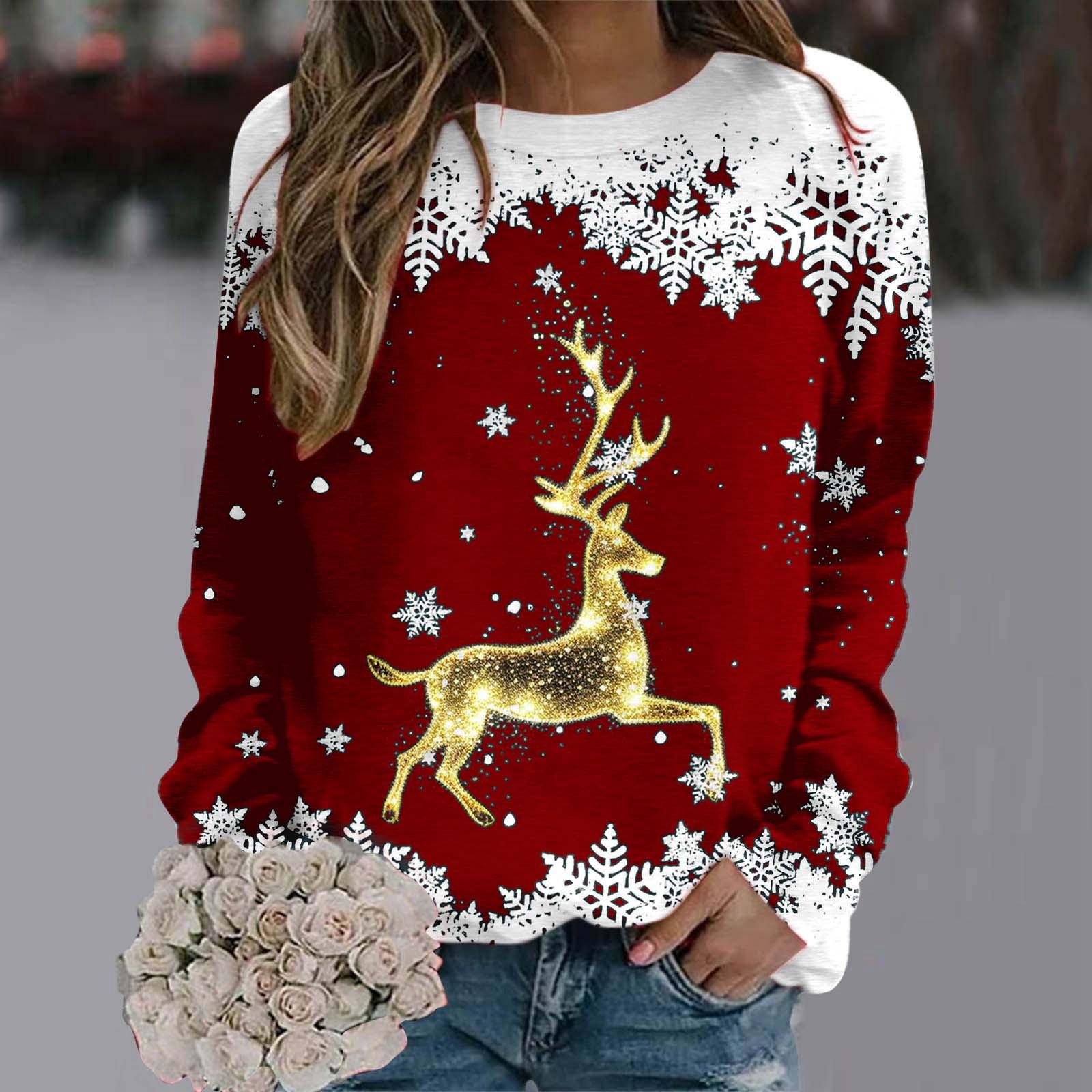 Rentier Weihnachten Harajuku Kleidung für Frauen Übergroße Baumwoll-T-Shirt Tops O Hals Casual Langarm Weibliche Mode Streetwear L von Joom DACH