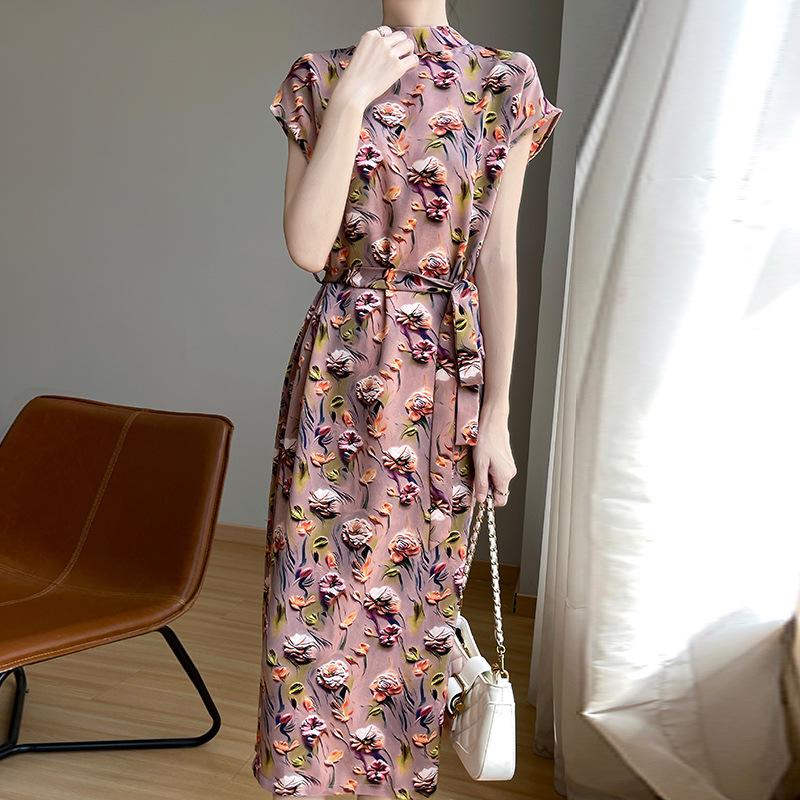 Retro Acetat Satin Sommer Neu Halbhoher Hals Kleid mit Kurzen Ärmeln Damen Temperament Bedruckt Vielseitiger Langer Rock XXL von Joom DACH