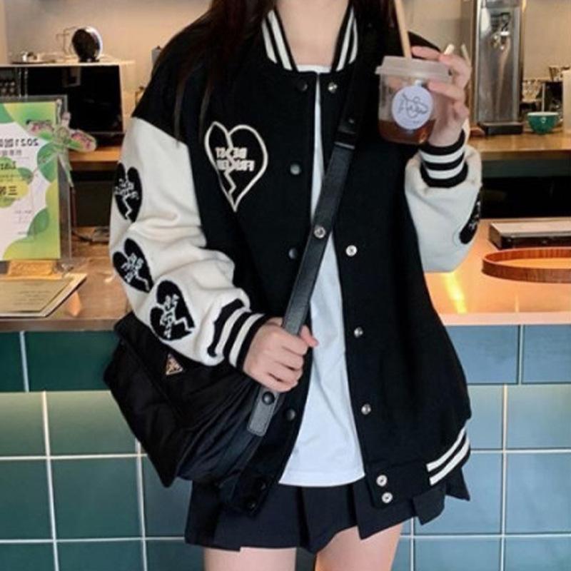 Retro Baseball-Uniform für Damen im Frühling und Herbst Neuer Stil Junior- und Senior-Highschool-Schüler Herbst Koreanische lockere Jacke für Damen 2XL schwarz von Joom DACH