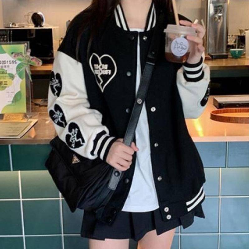 Retro Baseball-Uniform für Damen im Frühling und Herbst Neuer Stil Junior- und Senior-Highschool-Schüler Herbst Koreanische lockere Jacke für Damen 2XL schwarz von Joom DACH