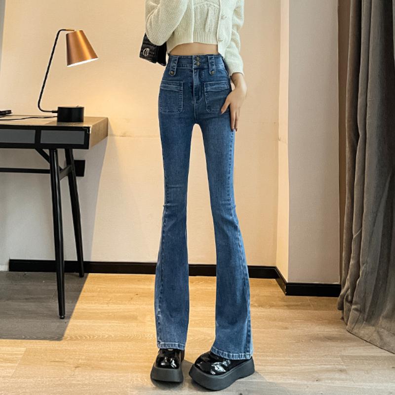 Retro Blaue High-Waist-Jeans für Damen Frühling und Herbst Neu Slim Fit Schmal Geschnittene Schlaghose XXL von Joom DACH