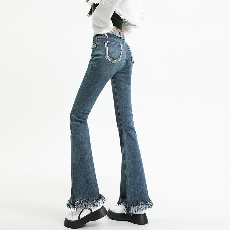 Retro Blaue Micro-Flared Jeans Damen Frühling Neu Hochtailliert und Schlank Fransenhosen, Schlaghosen L von Joom DACH