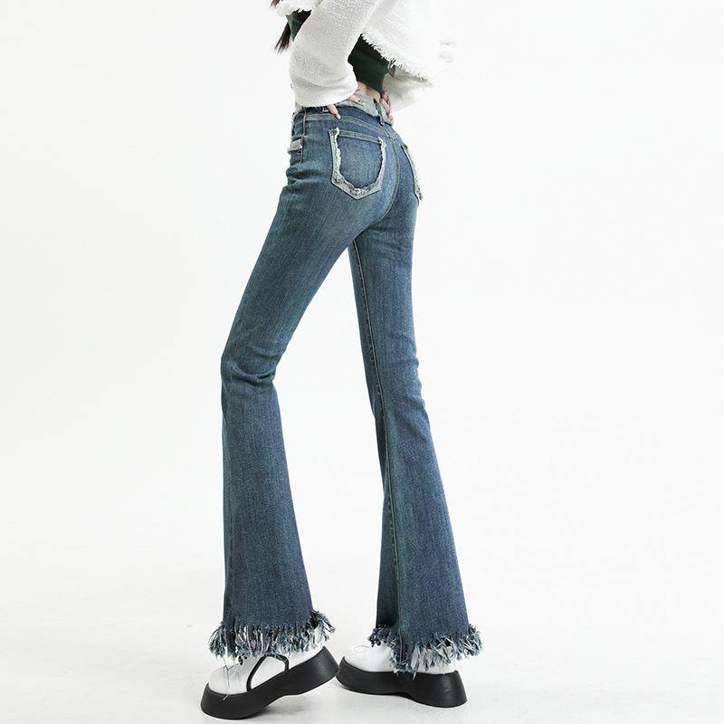 Retro Blaue Micro-Flared Jeans Damen Frühling Neu Hochtailliert und Schlank Fransenhosen, Schlaghosen L von Joom DACH