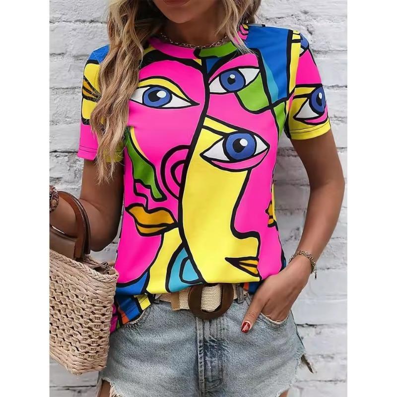 Retro Damen 3D T-Shirt Harajuku Kleidung Oberteile Kunst Gesicht Grafik T-Shirts V-Ausschnitt Übergroßer Pullover Kurzarm Bluse Lockeres Sweatshirt 5XL von Joom DACH
