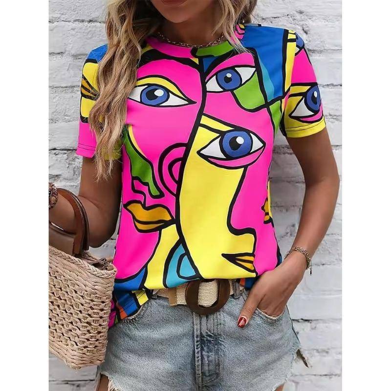 Retro Damen 3D T-Shirt Harajuku Kleidung Oberteile Kunst Gesicht Grafik T-Shirts V-Ausschnitt Übergroßer Pullover Kurzarm Bluse Lockeres Sweatshirt 5XL von Joom DACH