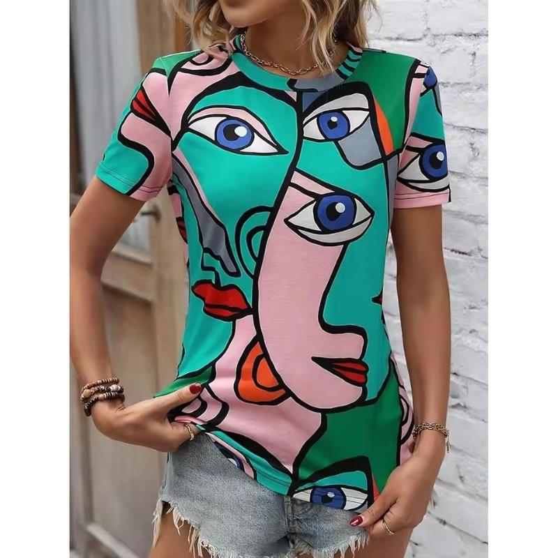 Retro Damen 3D T-Shirt Harajuku Kleidung Oberteile Kunst Gesicht Grafik T-Shirts V-Ausschnitt Übergroßer Pullover Kurzarm Bluse Lockeres Sweatshirt 6XL von Joom DACH