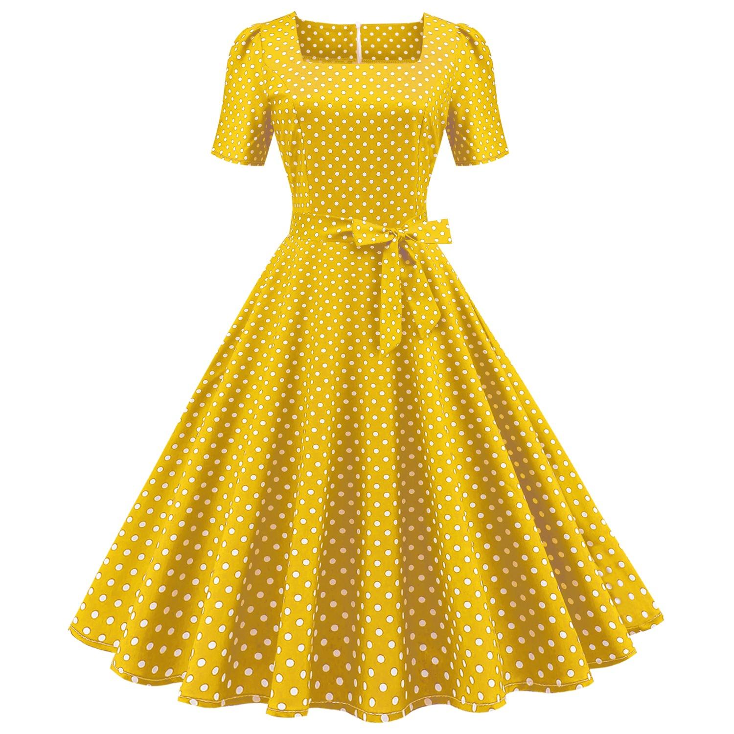 Retro-Damenkleid mit quadratischem Ausschnitt, kurzen Ärmeln, Polka Dot-Druck, Schnürung an der Taille und großem Swing-Kleid XXL gelb von Joom DACH