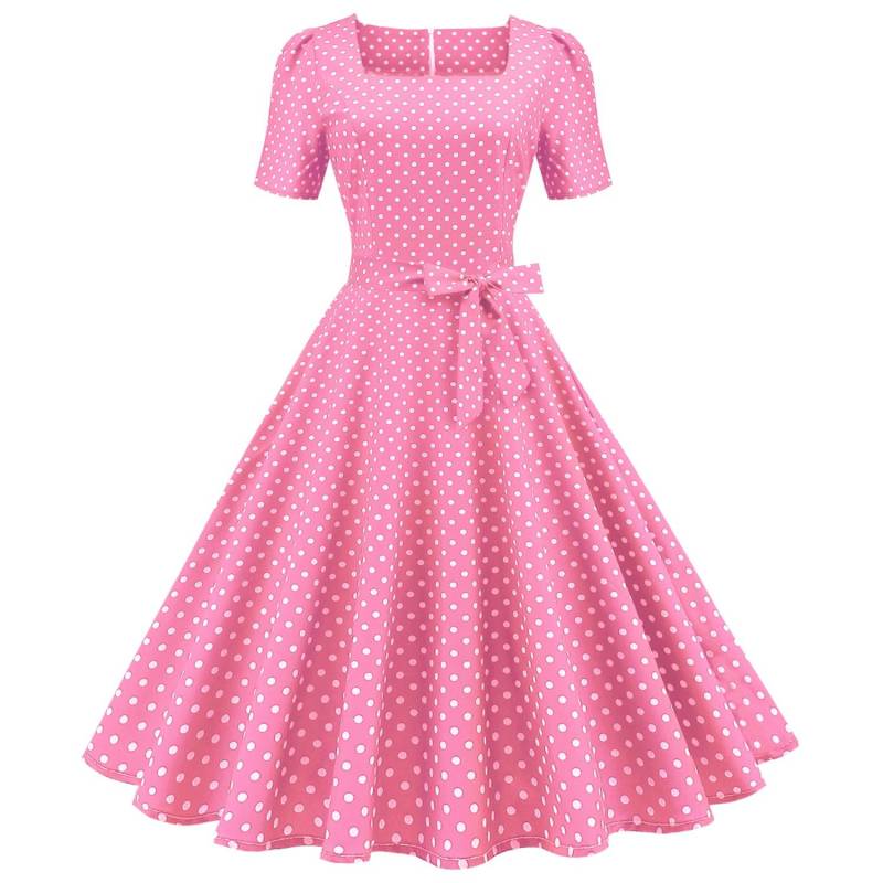 Retro-Damenkleid mit quadratischem Ausschnitt, kurzen Ärmeln, Polka Dot-Druck, Schnürung an der Taille und großem Swing-Kleid XXL rosa von Joom DACH