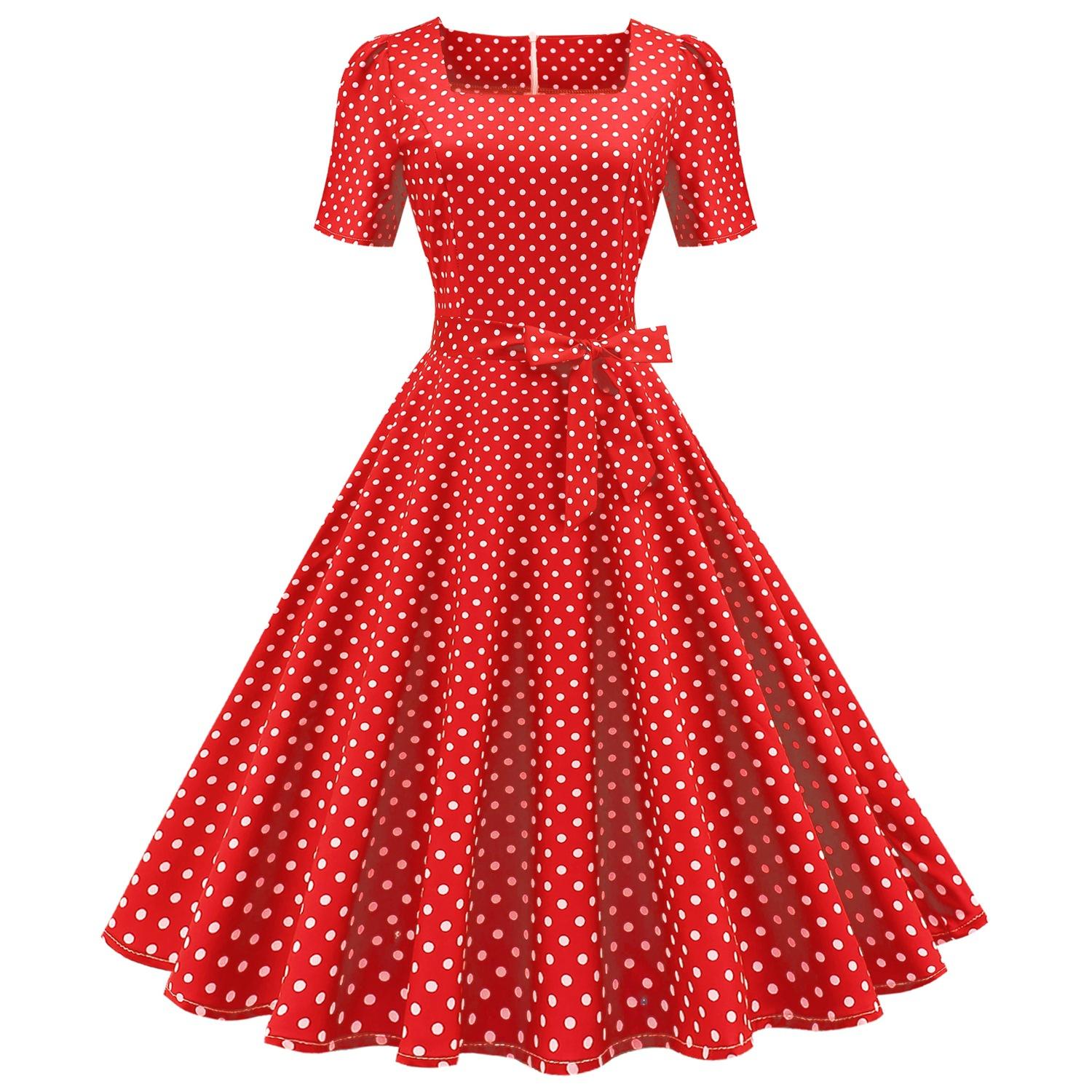 Retro-Damenkleid mit quadratischem Ausschnitt, kurzen Ärmeln, Polka Dot-Druck, Schnürung an der Taille und großem Swing-Kleid XXL rot von Joom DACH