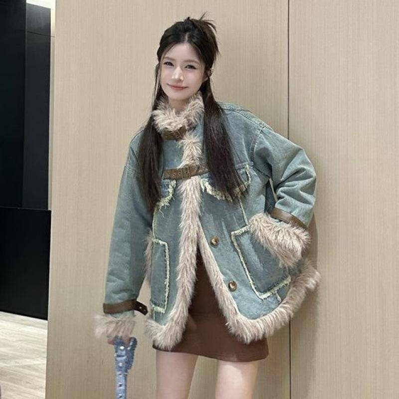 Retro Denim Verdickte Jacke für Damen, Herbst und Winter Koreanische Version, Neues Fell-Design, Lockere und Samt-Baumwolljacke für kleine Personen S von Joom DACH