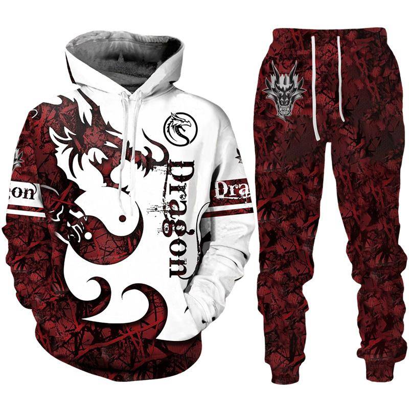 Retro Dragon Tattoo 3D-Druck Herren Damen Trainingsanzug-Sets Casual Hoodie + Hose 2-teiliges Set Übergroßes Sweatshirt Mode Herrenbekleidung 2XL von Joom DACH