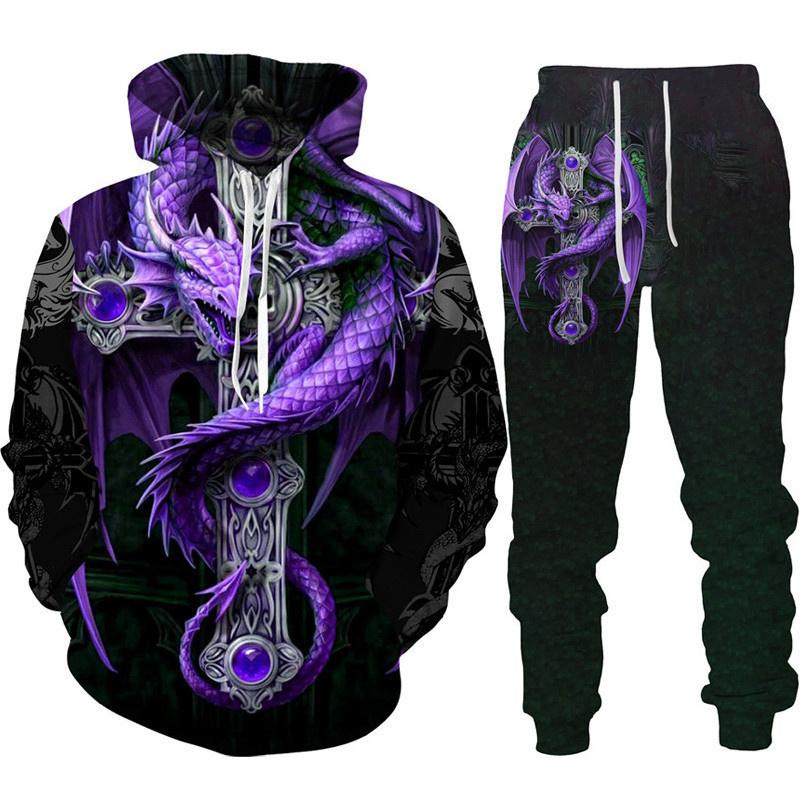 Retro Dragon Tattoo 3D-Druck Herren Damen Trainingsanzug-Sets Casual Hoodie + Hose 2-teiliges Set Übergroßes Sweatshirt Mode Herrenbekleidung 6XL von Joom DACH