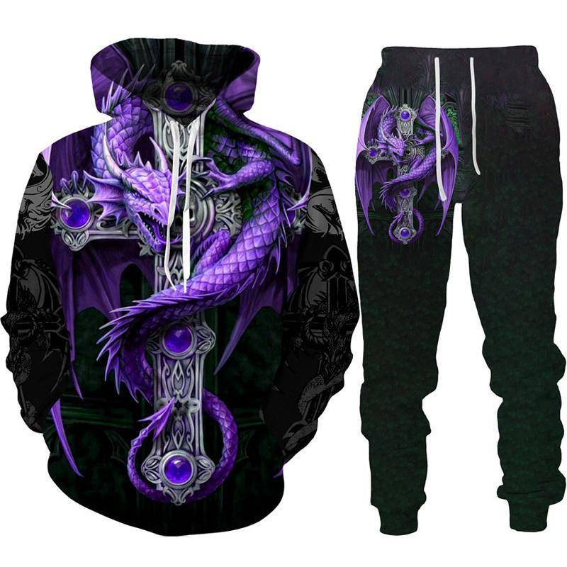 Retro Dragon Tattoo 3D-Druck Herren Damen Trainingsanzug-Sets Casual Hoodie + Hose 2-teiliges Set Übergroßes Sweatshirt Mode Herrenbekleidung 6XL von Joom DACH