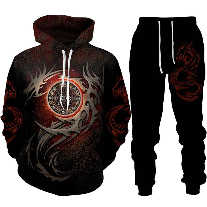 Retro Dragon Tattoo 3D-Druck Herren Damen Trainingsanzug-Sets Casual Hoodie + Hose 2-teiliges Set Übergroßes Sweatshirt Mode Herrenbekleidung XL von Joom DACH