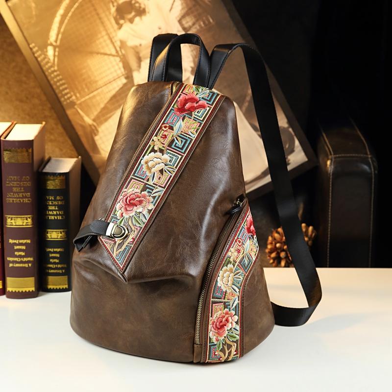 Retro Echtes Leder Damen Rucksack Besticktes Design Damen Tasche Reise Rucksäcke Mutter Diebstahlsicherer Rucksack Modetrend von Joom DACH