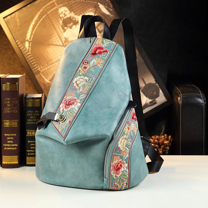 Retro Echtes Leder Damen Rucksack Besticktes Design Damen Tasche Reise Rucksäcke Mutter Diebstahlsicherer Rucksack Modetrend von Joom DACH