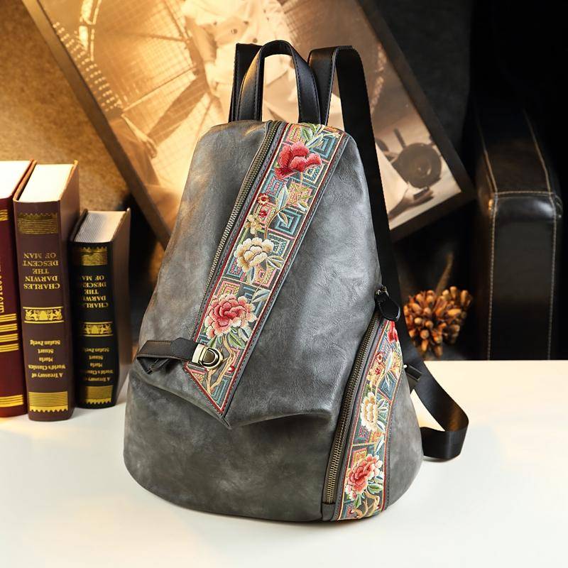 Retro Echtes Leder Damen Rucksack Besticktes Design Damen Tasche Reise Rucksäcke Mutter Diebstahlsicherer Rucksack Modetrend von Joom DACH