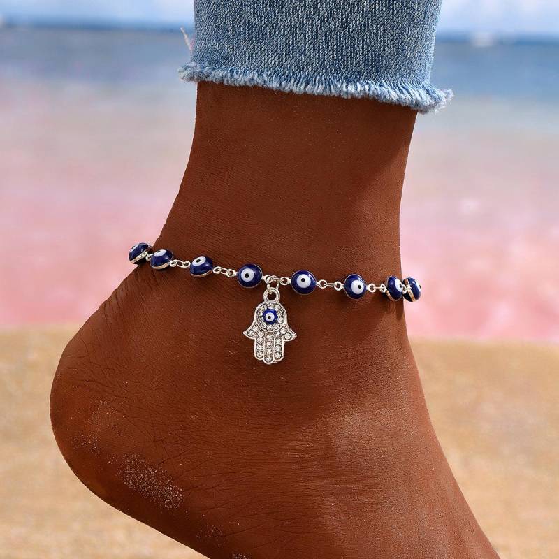 Retro Evil Eye Fußkettchen aus dem Nahen Osten mit bunten Emaille-Blumen und Handflächenanhänger von Joom DACH